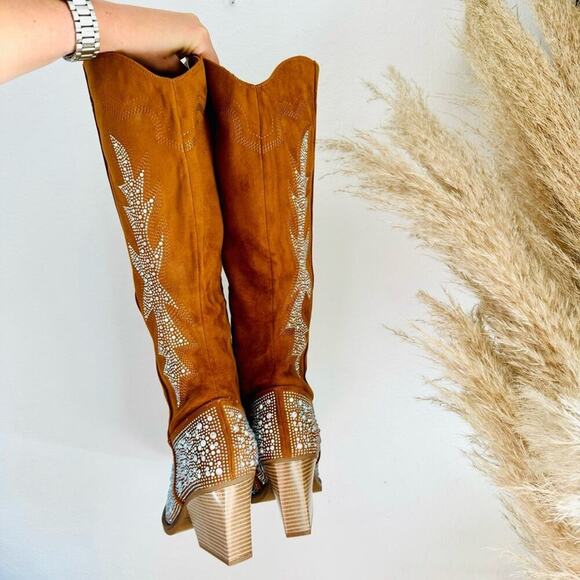 NEW Brown Faux Suede Sequin Glitter Discoball Cowgirl Cowboy Chunk Heel Boot 9.5 - Picture 3 of 13